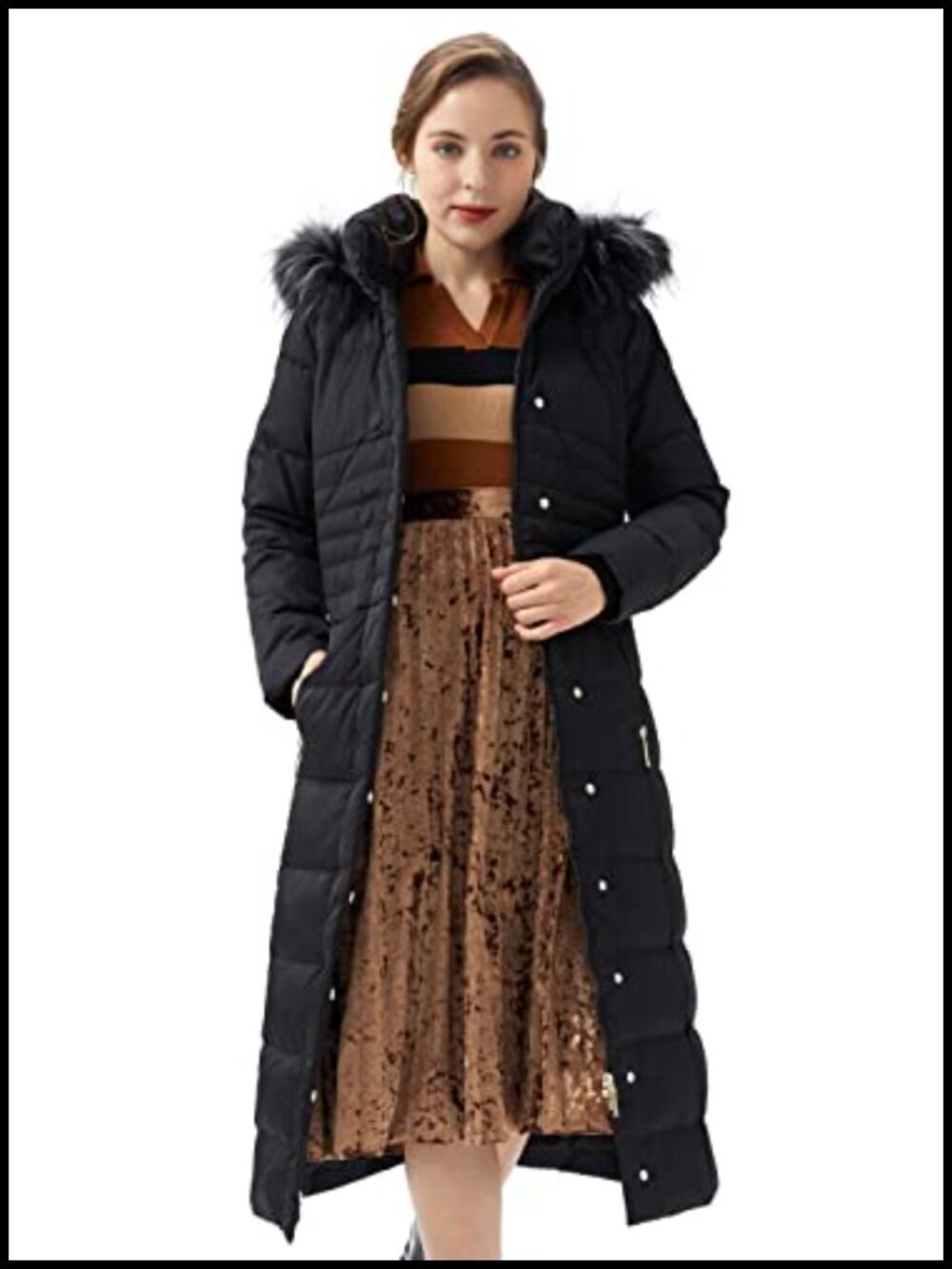 Warm Long Down Puffer Coat with Hood Faux Fur Trim Heavyweight Winter Parka